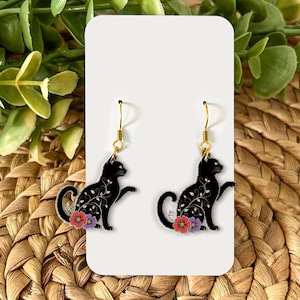 Black Cat Floral Earrings, Witchy Cat Dangle Earrings, Halloween Cute Cat Jewelry, Gothic Gift for Cat Lovers, Black Cat Decor, Feline Gift