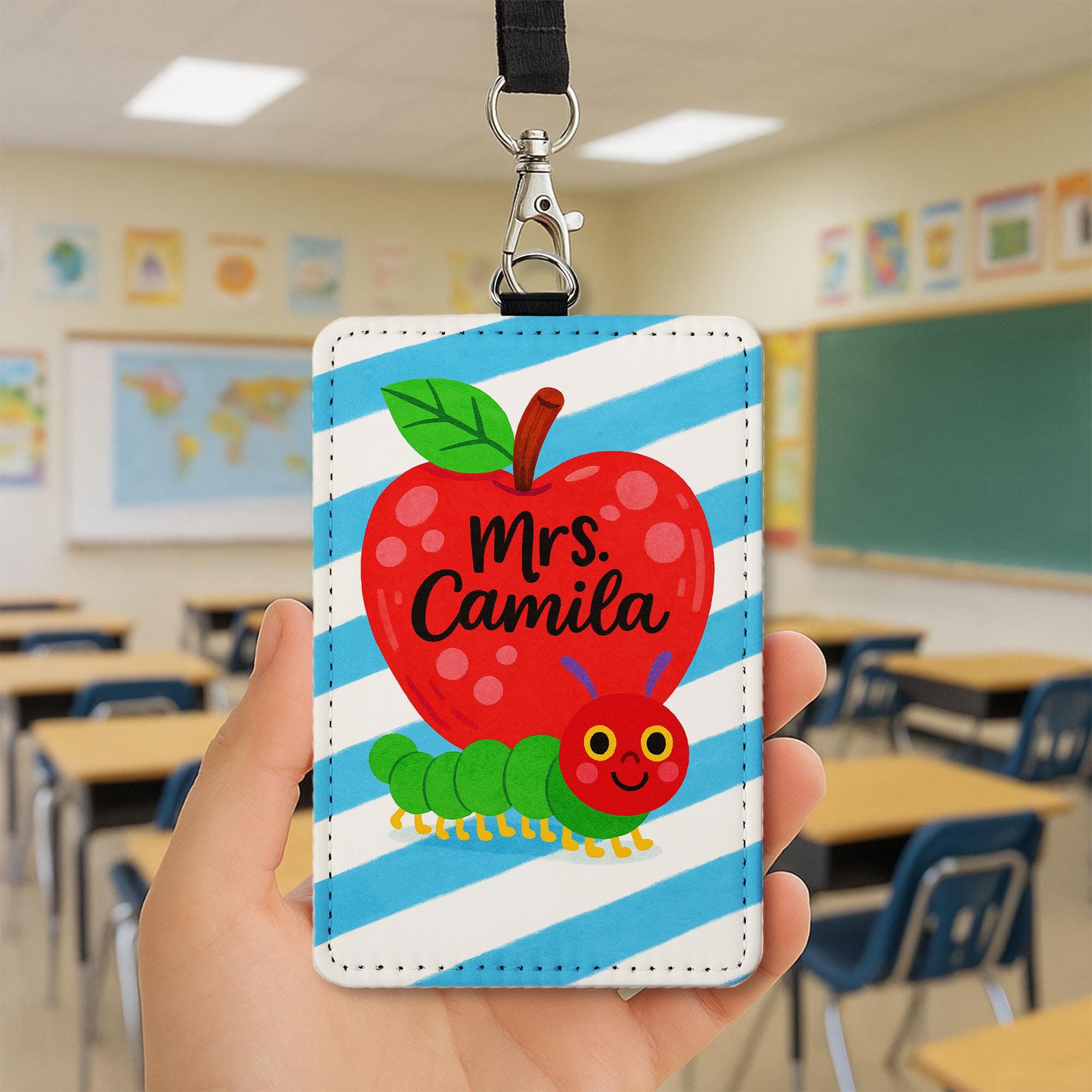 Personalized Teacher ID Badge Holder | Cute Apple and Caterpillar Name Tag for Teachers, Educators | Back to School Lanyard Accessory
