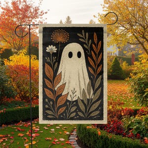 Vintage Ghost Garden Flag, Halloween Fall Outdoor Decor, Spooky Floral Yard Flag, Rustic Autumn Porch Decoration, Ghost Lawn Sign