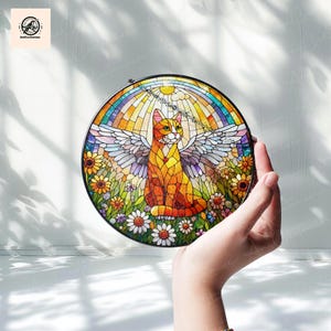Angel Cat Glass Suncatcher: Rainbow Moon Decor, Pet Memorial Gift