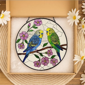 Budgie Couple Suncatcher: Parakeet Lovebirds Glass Window Decor
