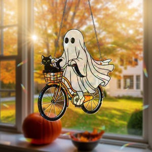 Ghost and Black Cat on Bike Hologram Ornament - Cute Halloween ACRYLIC Window Hanging, Spooky Fall Home Decor, Gothic Black Cat Decor