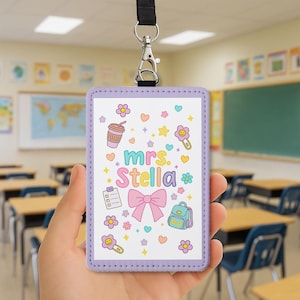 Cute Teacher Badge Reel ID Holder with Name, Pastel Doodle Style, Personalized Lanyard Tag for Classroom or School Staff Gift, Teachers