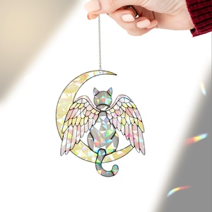 Grey Cat Angel Suncatcher: Holographic Moon & Wings Decor