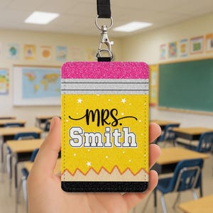 Personalized Teacher Leather Badge Holder, Cute Custom ID Tag with Rainbow and Name, Fun Lanyard Accessory, Unique Teacher Gift Idea