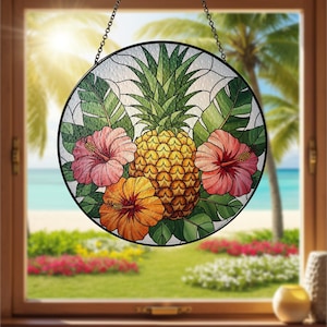 Tropical Pineapple Glass Suncatcher – Window Hanging with Hibiscus Flowers, Summer Beach House Sun Catcher Decor, Tropical Flower Decor