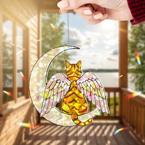 Angel Tabby Cat Hologram Ornament: Crescent Moon Window Hanging