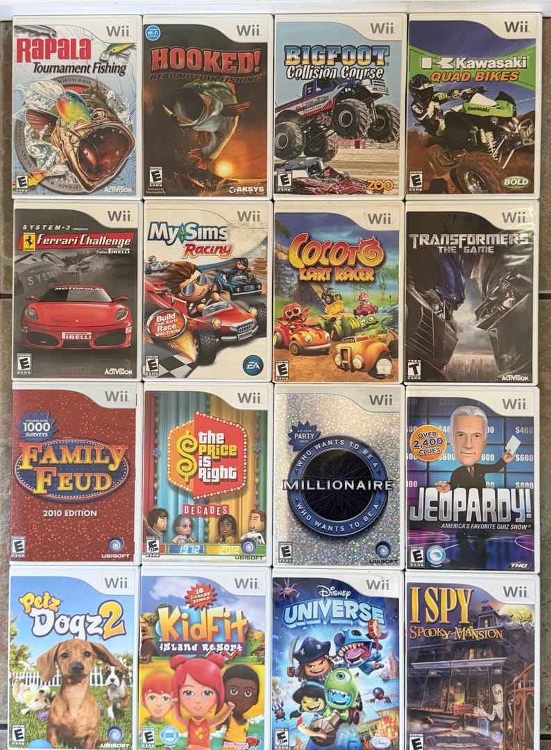 May include: A collection of Wii video game cases. Titles include "Rapala Tournament Fishing", "Family Feud", "Jeopardy!", and "Disney Universe". The cases feature colorful graphics and game titles.