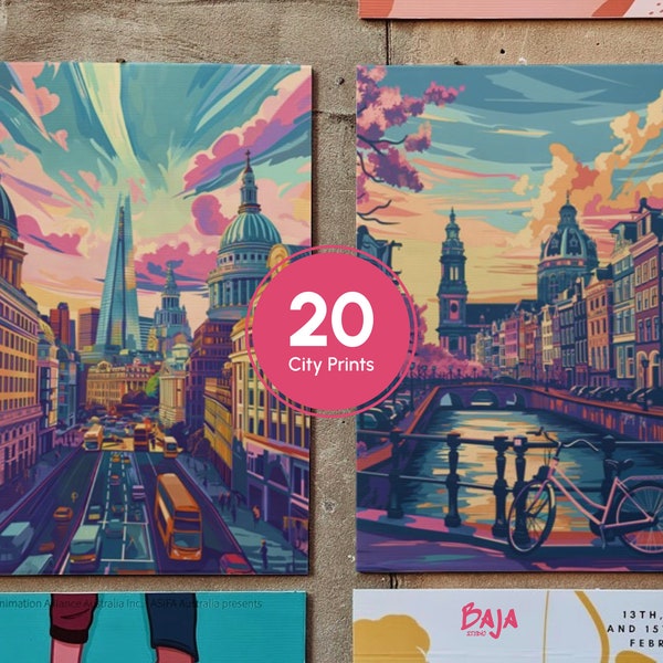 Set of 20 European City prints, Wall art, Home Decor, Van Gogh style, Digital prints, Vibrant illustration, London, Paris, Madrid, Berlin