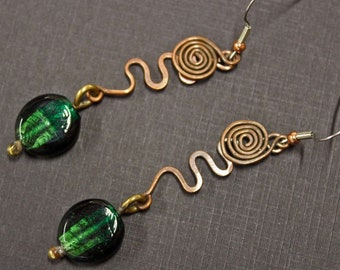 Forged Copper Earrings... wiggling into the lushness of Green.  Spirals and wavy flows.