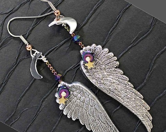 Celestial Angel Wings, Earrings in silvery hews with irridescent crystals, Moons, Stars... Magickal Earrings...