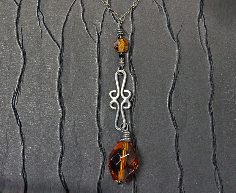 Rustic finished Sterling Silver Necklace with antique golden brown colored Czech glass crystal beads. Hand made in Michigan. image 5