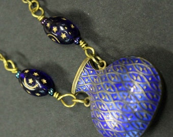 Cobalt Blue Enameled brass Spirit Vessel Necklace, made in our Michigan Studio. Free Shipping.