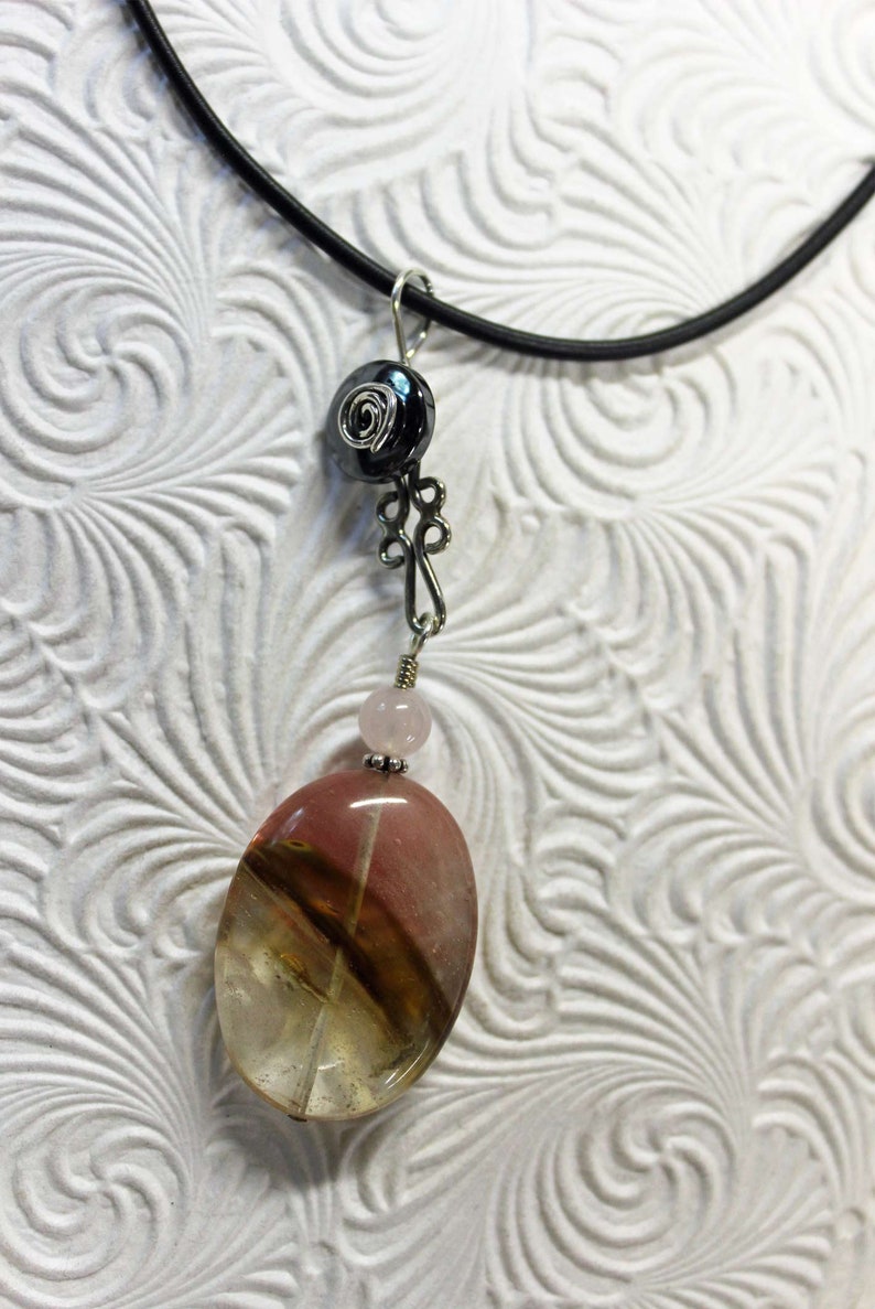 Montana Agate, with Rose Quartz and Hematite, Sterling Silver Necklace. Hand made in our Michigan Studio. image 4