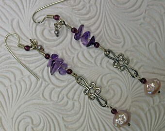 Pearls and Amethyst, hang long and graceful.  Handmade sterling earrings in Michigan.