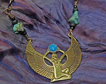 The Goddess Isis - Necklace with Turquois Cabochon and chip beads. Handmade Beauty in Patinaed Brass. Free Shipping.