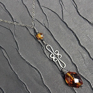 Rustic finished Sterling Silver Necklace with antique golden brown colored Czech glass crystal beads. Hand made in Michigan. image 1