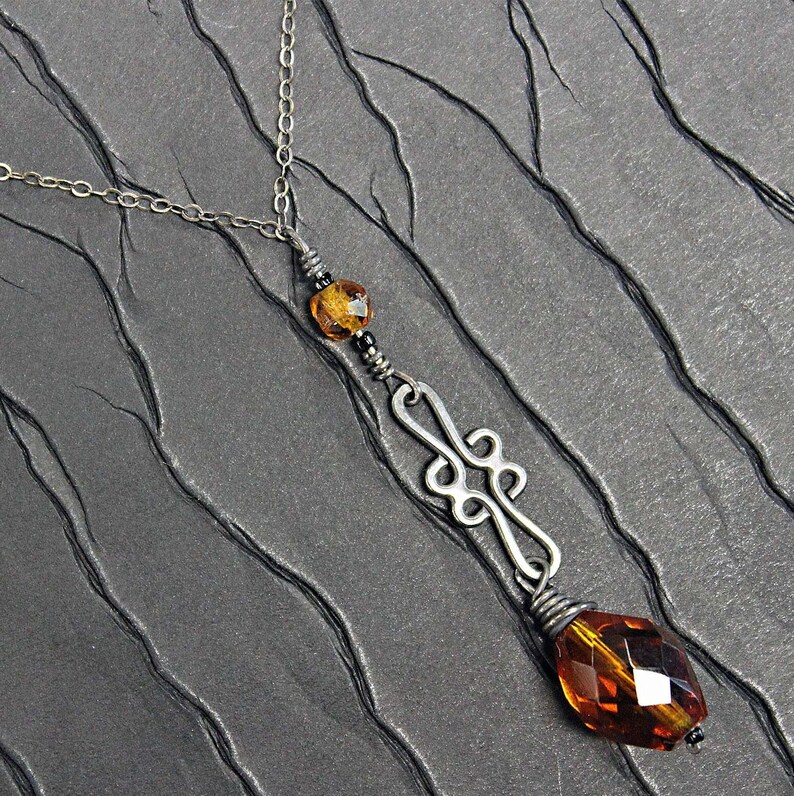 Rustic finished Sterling Silver Necklace with antique golden brown colored Czech glass crystal beads. Hand made in Michigan. image 1