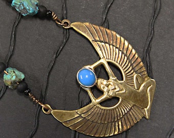 The Goddess Isis - Necklace with Turquois Cabochon and chip beads. Handmade Beauty in Patinaed Brass. Free Shipping.