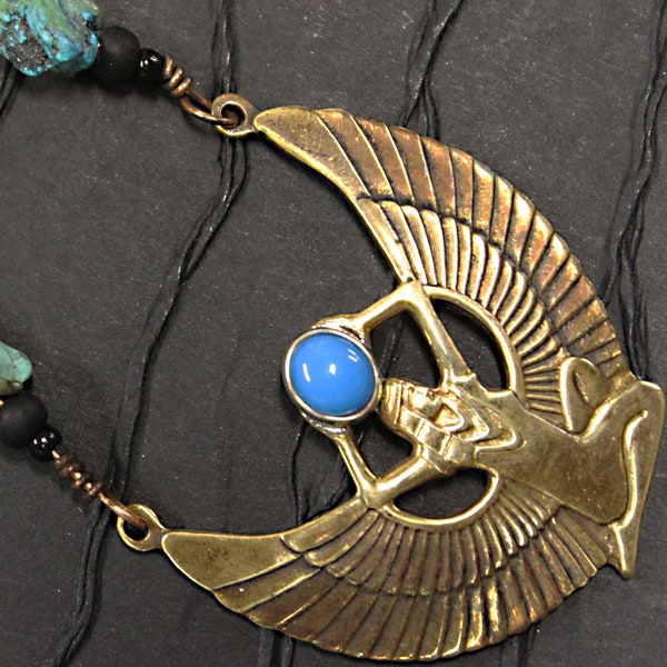 The Goddess Isis - Necklace with Turquois Cabochon and chip beads. Handmade Beauty in Patinaed Brass. Free Shipping.