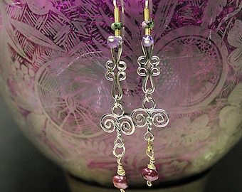 Victorian Curls Earrings with Pearls, Amethysts, and Ruby Zoisite in sterling silver. Handmade in Michigan. Unique in this world.