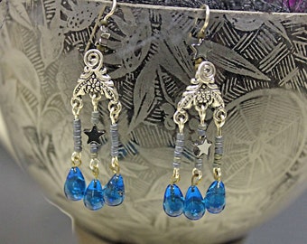 Victorian Chandelier Earrings.  Aqua vintage tear drop beads, Flowers and Stars. Hand made in Michigan.