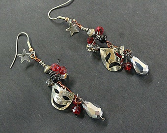 Sterling Drama Masque Earrings in Red and Silver.  One of  kind Earrings for the Theatre buff. Handmade in Michigan.