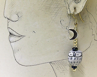 The little Owl under a bright Moon.  Handmade Earrings to delight any bird lover.