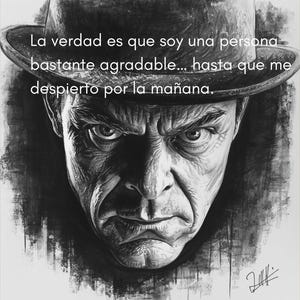 Puede incluir: Ilustración en blanco y negro de un hombre con expresión seria, usando un sombrero. La imagen incluye el texto: "La verdad es que soy una persona bastante agradable... hasta que me despierto por la mañana."