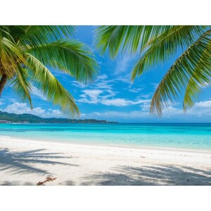 Puede incluir: Una escena de playa tropical con arena blanca, agua turquesa y un cielo azul brillante salpicado de nubes. Las palmeras enmarcan la parte superior de la imagen, proyectando sombras sobre la arena.