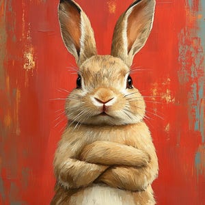 Può includere: Un coniglio marrone con la pancia bianca è in piedi su uno sfondo rosso. Il coniglio ha le braccia incrociate e guarda direttamente lo spettatore.