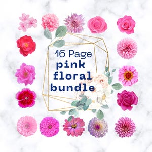 Lot de 16 pages florales roses, fleurs roses, coeurs, rubans, petites et grandes fleurs, bouquets, couronnes, conception pleine page, clipart éphémère