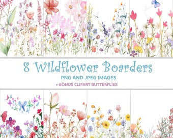Watercolor Wildflower Clipart Boarders, Small Boho Flowers for Intricate Design, Card Making, Scrapbooking, Wedding Theme, Bonus Butterflies