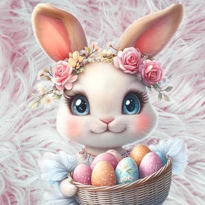Könnte beinhalten: Eine Illustration eines weißen Hasen mit großen blauen Augen, der einen Blumenkranz trägt und einen Korb mit dekorierten Ostereiern hält. Der Hase hat rosa Wangen und lange Wimpern. Der Hintergrund ist ein weiches, flauschiges Rosa.