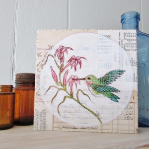 Hummingbird & Scarlet Gila Art Print on Wood - Whimsical Folk Art