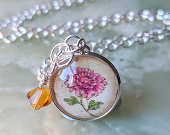 November Crysthanthemum Flower of the Month Pendant withTopaz Birth Stone Crystal, a great Birthday Gift, Gift for Bridesmaid or Graduate