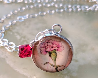 Carnation January Flower of the Month Pendant, Garnet Birth Stone Crystal, Pink Flower Pendant, Birthday Gift, Bridesmaids Gift