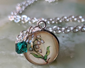 May Lily of the Valley Flower Pendant, Birthday Necklace, Gift for May Birthday, Emerald Birth Stone, Gift for Mother's Day