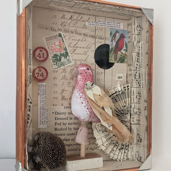 Folk Art Shadow Box - Curiosity Box - Folk Art Bird Collage - Vintage Paper - Painted Fabric - Whimsy Bird - Wall Art - Shelf Decor