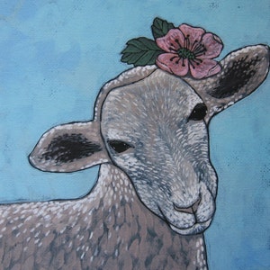 Sheep Art Print - Lamb - Farm Animal - Flower - Gift for Her - Farm Art - Small Space Art - Pink - Nursery Art - Wall Decor - Cottage Chic