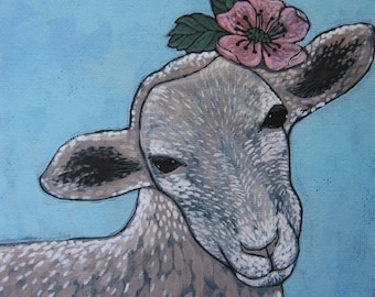 Sheep Art Print - Lamb - Farm Animal - Flower - Gift for Her - Farm Art - Small Space Art - Pink - Nursery Art - Wall Decor - Cottage Chic