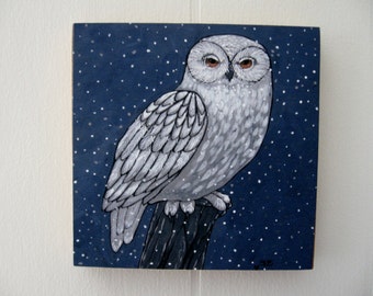 Giclee Art Print on Wood - Snowy Owl -  Woodland Owl - Wall Decor - Art for Small Spaces - Spirit Animal - Art for Den