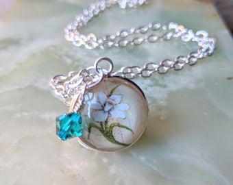 December Narcissus Flower of the Month Pendant, Turquoise Birth Stone Crystal, December Birthday Gift, Bridesmaid Gift, Graduation Gift