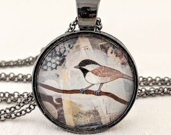 Bird Necklace, Chickadee, Illustrated Art Pendant