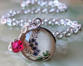 July Larkspur Flower of the Month Pendant, Birth Stone Crystal, Ruby, Blue Flower Pendant, July Birthday Gift, Bridesmaids Gift