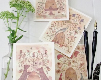 Bee Hive Note Cards - Blank Set of 4 with Envelopes Assorted Bears - Birds - Bees - Honey - Woodland - Invitations- Thank You - Hostess Gift