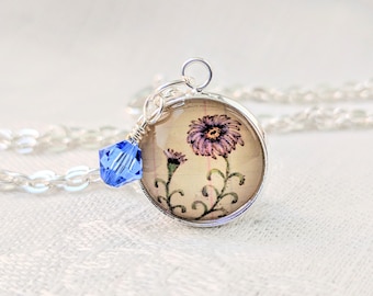 September Aster Flower of the Month Pendant, Birth Stone Crystal, Sapphire, Purple Flower Pendant, September Birthday Gift, Best Friend Gift