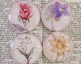 Floral Magnet Set of Four - Original Art - Handcrafted Glass Magnet Set - Rare Earth Magnet - Rose - Daffodil - Violet - Lily - Gift for Her