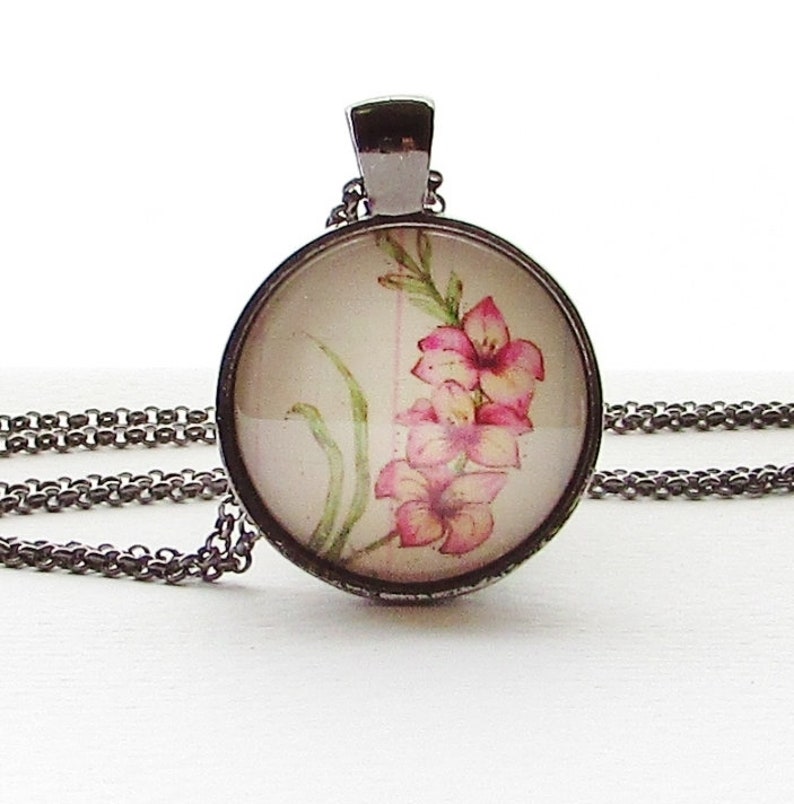 August Flower of the Month Necklace Pink Gladiolus image 1