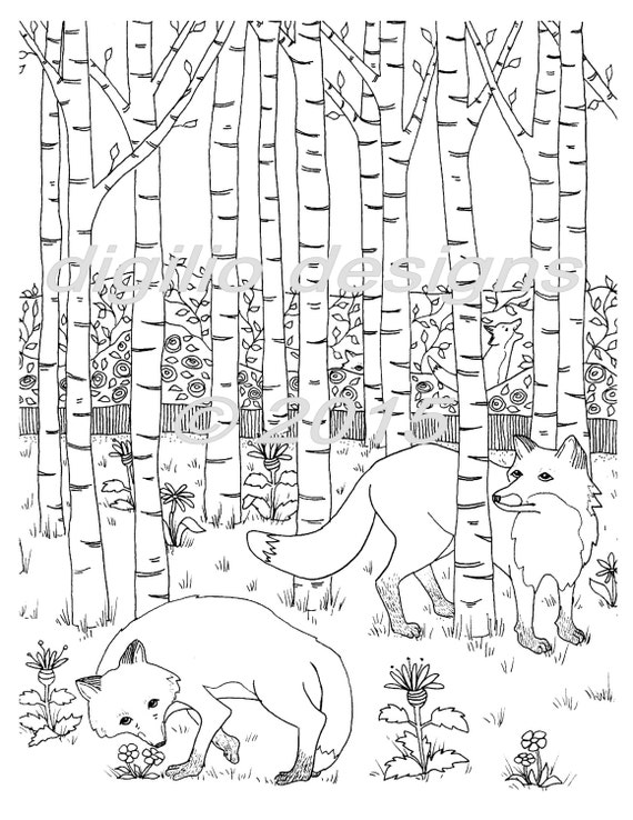 Coloring Page Foxes In The Forest Fox Woodland Wall Etsy